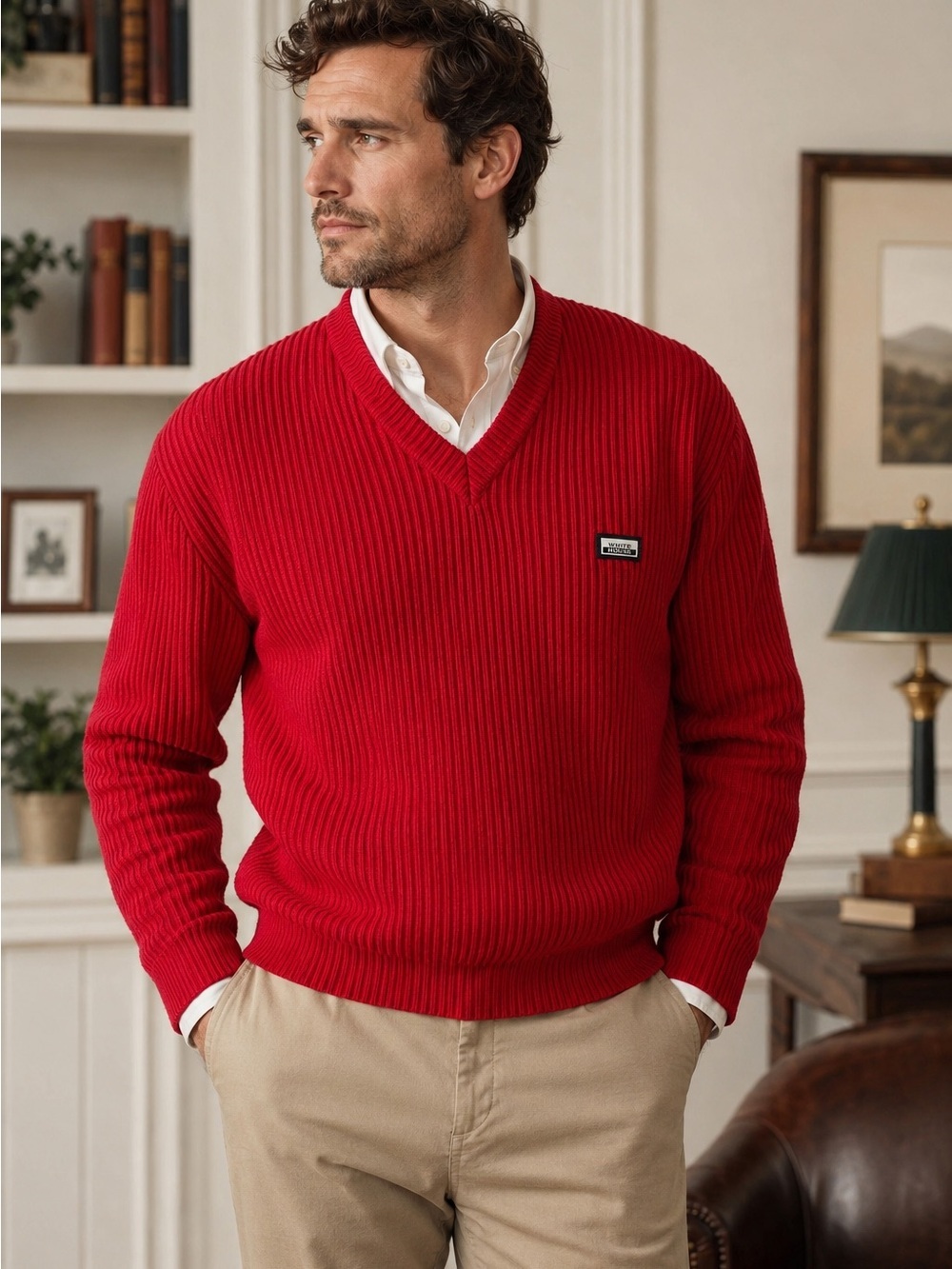 VTG White House Mens XL Sweater Red Merino Wool Ribbed V Neck Heavyweight Preppy